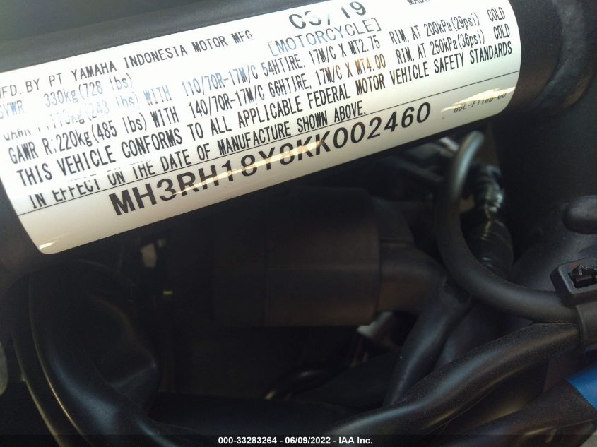 2019 YAMAHA YZFR3 A MH3RH18Y8KK002460