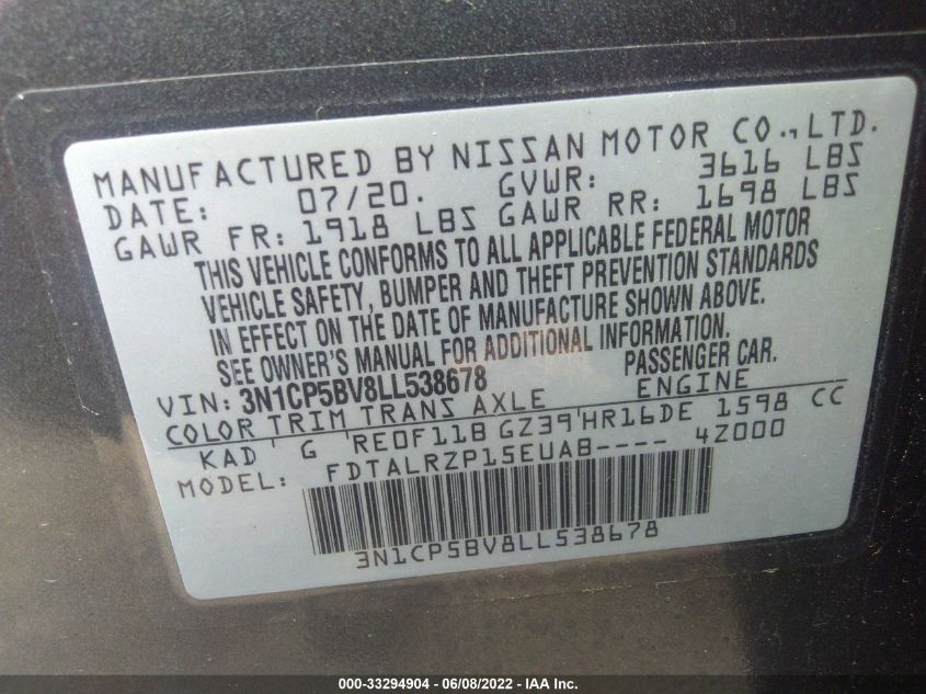 2020 NISSAN KICKS S 3N1CP5BV8LL538678