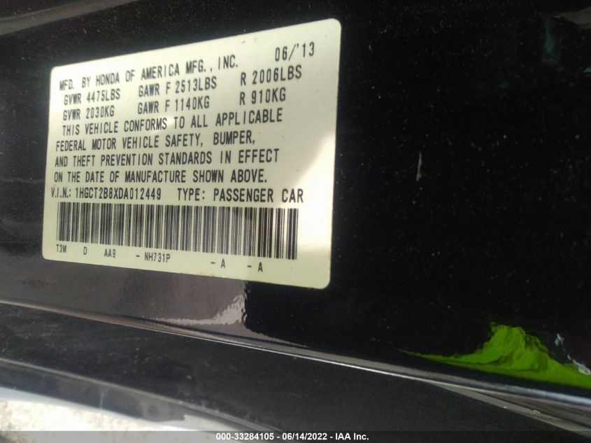2013 HONDA ACCORD CPE EX-L 1HGCT2B8XDA012449