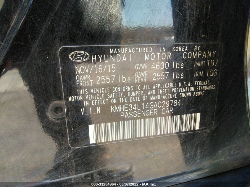 2016 HYUNDAI SONATA HYBRID LIMITED KMHE34L14GA029784