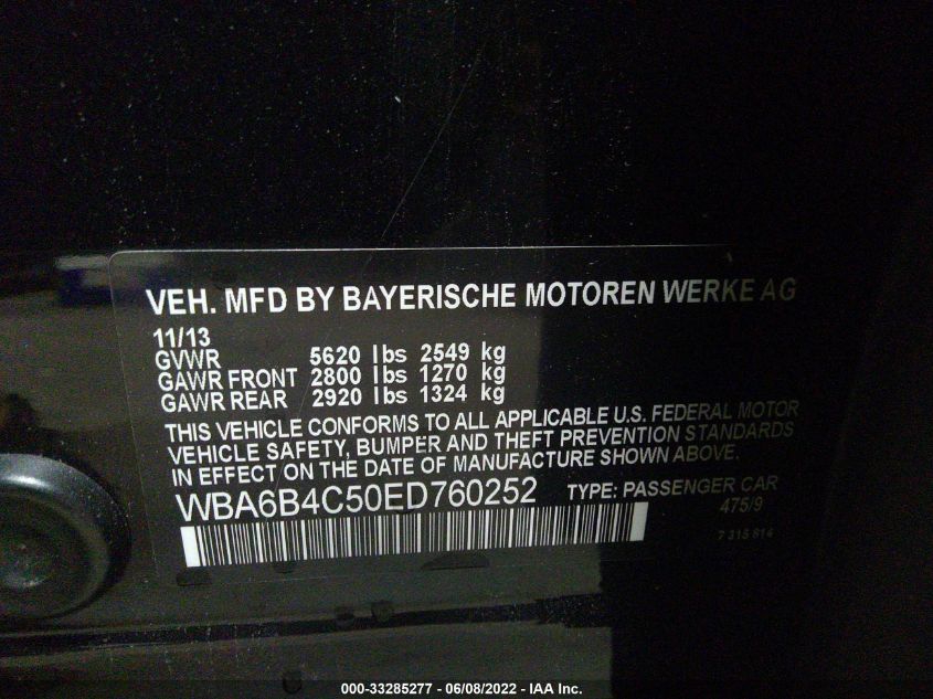 2014 BMW 6 SERIES 650I XDRIVE WBA6B4C50ED760252