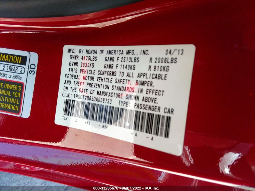 2013 HONDA ACCORD CPE EX-L 1HGCT2B83DA009733