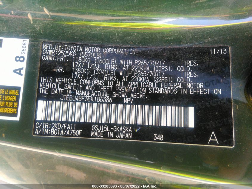2014 TOYOTA FJ CRUISER JTEBU4BF3EK186386
