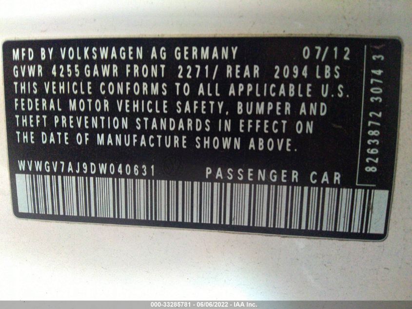 2013 VOLKSWAGEN GTI WVWGV7AJ9DW040631