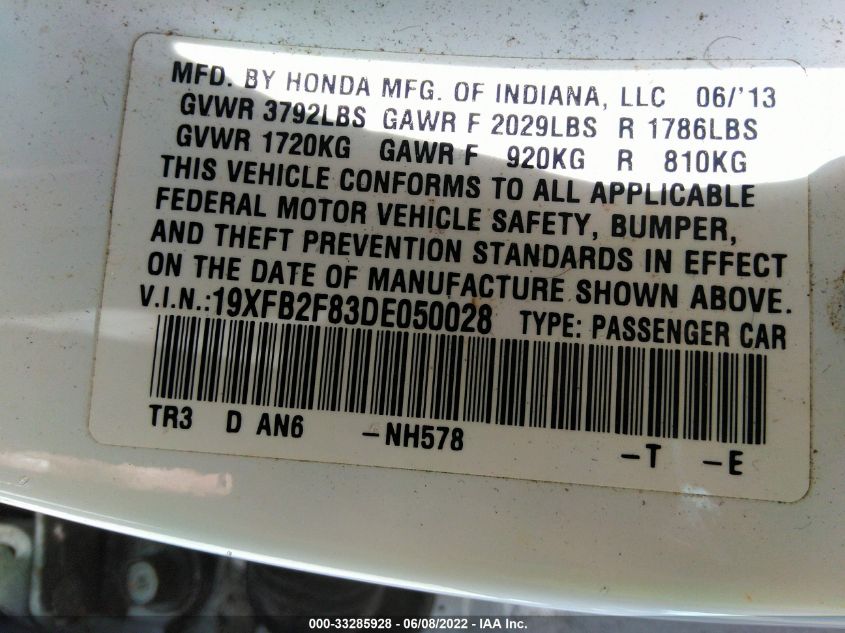 2013 HONDA CIVIC SDN EX 19XFB2F83DE050028