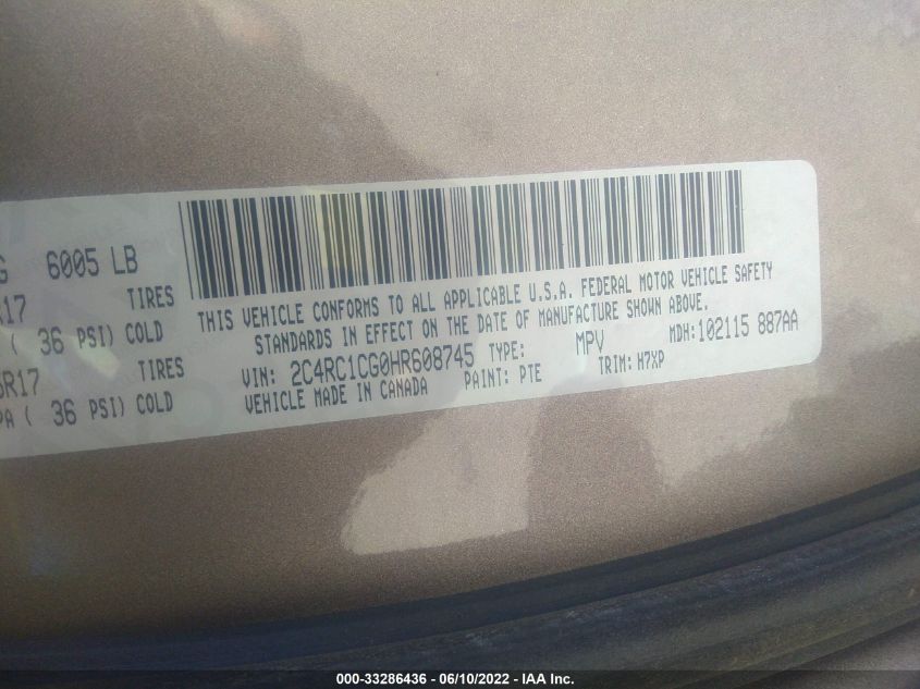 2017 CHRYSLER PACIFICA LX 2C4RC1CG0HR608745