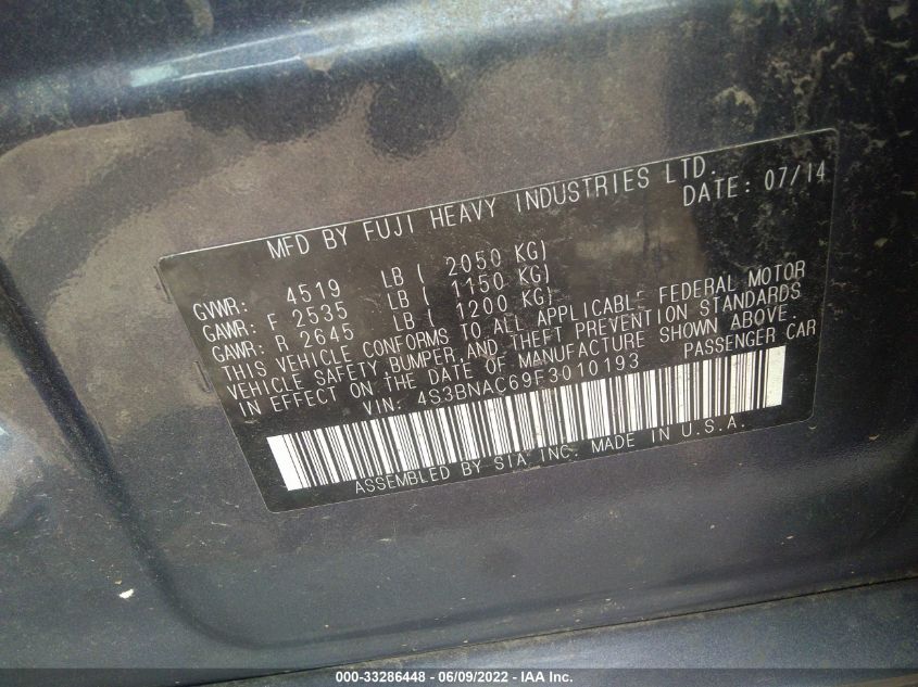 2015 SUBARU LEGACY 2.5I PREMIUM 4S3BNAC69F3010193