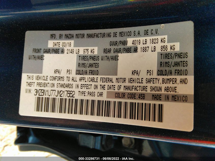 2018 MAZDA MAZDA3 4-DOOR SPORT 3MZBN1U77JM217662