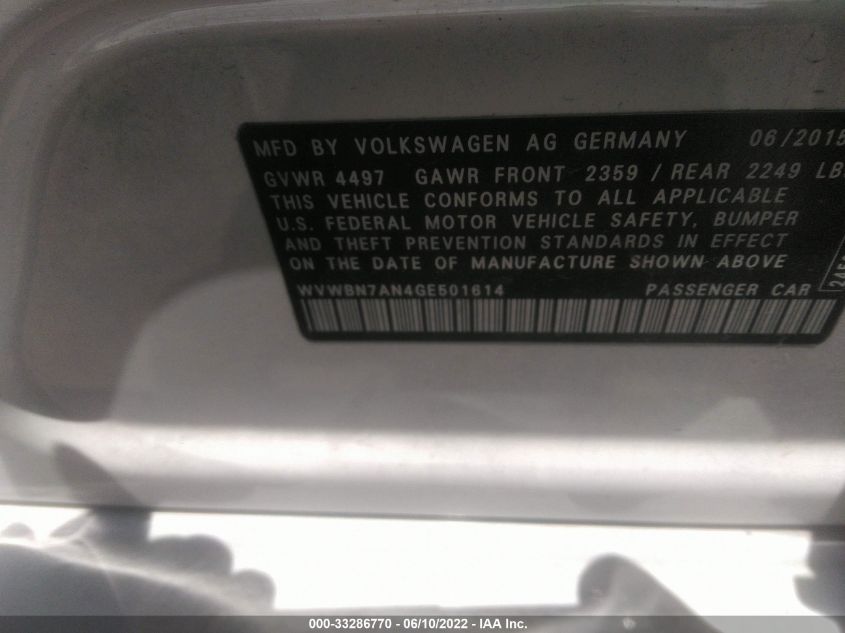 2016 VOLKSWAGEN CC SPORT/R-LINE WVWBN7AN4GE501614