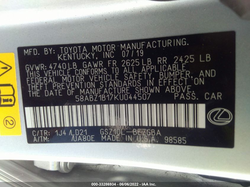 2019 LEXUS ES ES 350 58ABZ1B17KU044507