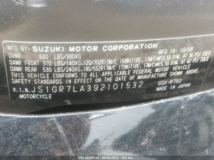 2009 SUZUKI GSX-R750 JS1GR7LA392101532