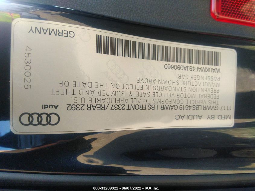 2018 AUDI A4 PREMIUM WAUKMAF49JA090660