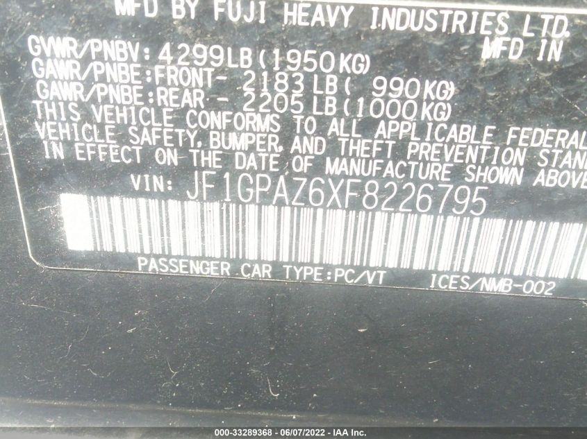 2015 SUBARU IMPREZA WAGON 2.0I SPORT LIMITED JF1GPAZ6XF8226795