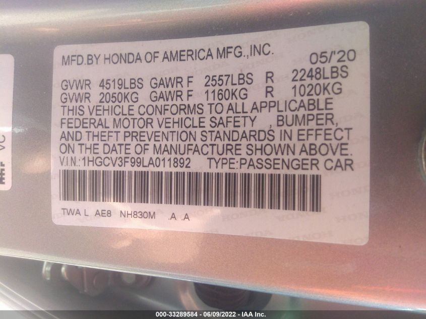 2020 HONDA ACCORD HYBRID TOURING 1HGCV3F99LA011892