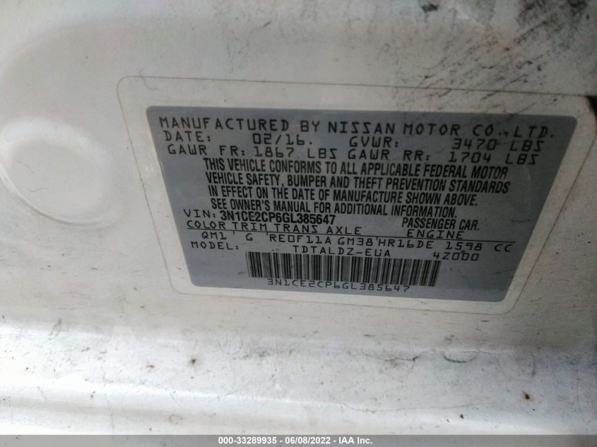 2016 NISSAN VERSA NOTE S/S PLUS/SV/SR/SL 3N1CE2CP6GL385647
