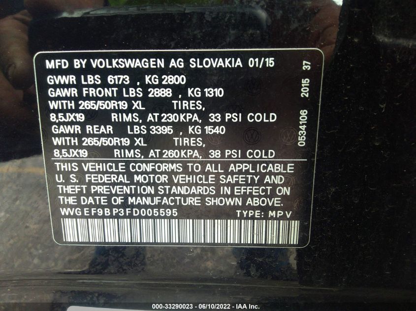 2015 VOLKSWAGEN TOUAREG LUX WVGEF9BP3FD005595