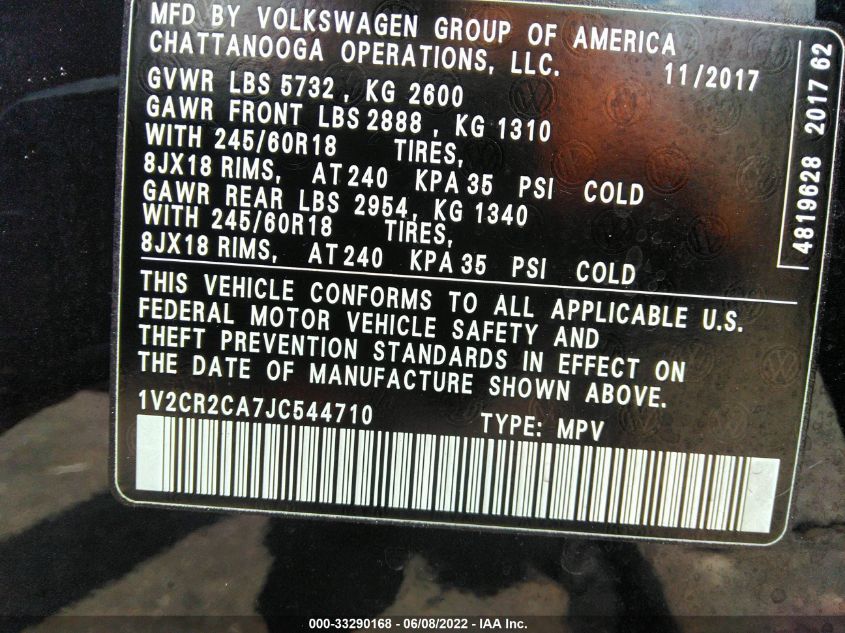2018 VOLKSWAGEN ATLAS 3.6L V6 SE 1V2CR2CA7JC544710
