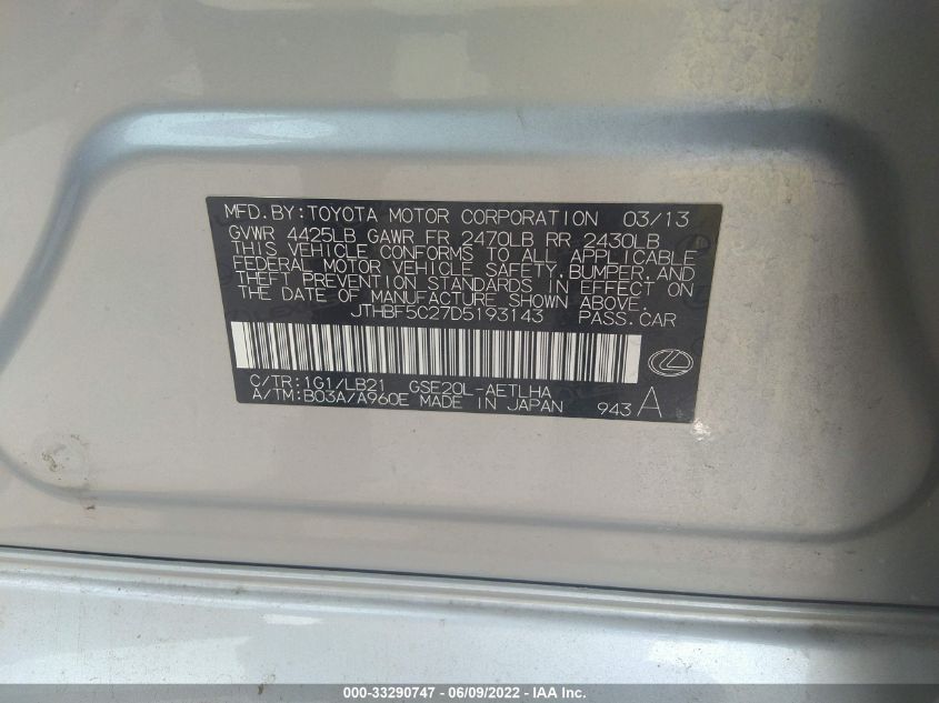 2013 LEXUS IS 250 JTHBF5C27D5193143