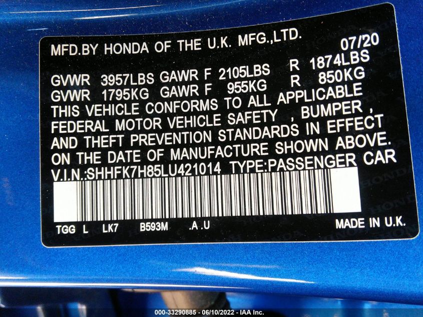2020 HONDA CIVIC HATCHBACK EX-L SHHFK7H85LU421014