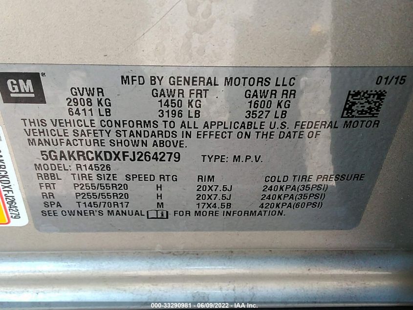 2015 BUICK ENCLAVE PREMIUM 5GAKRCKDXFJ264279