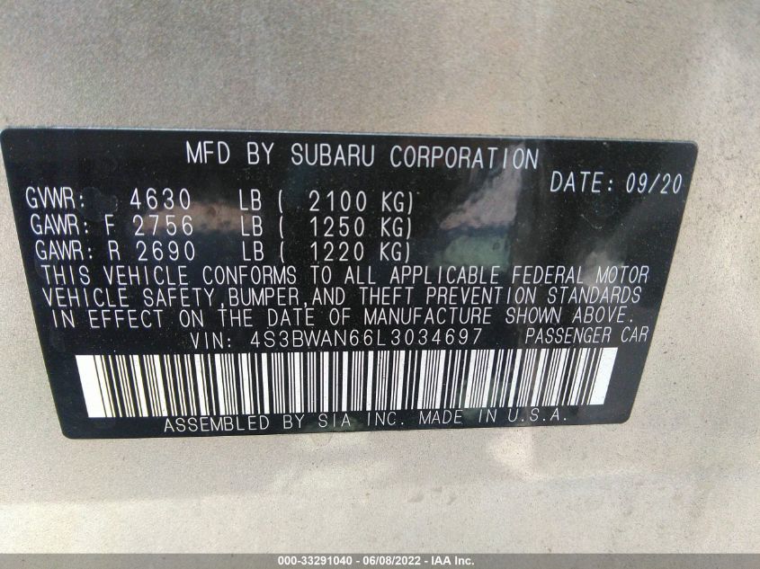 2020 SUBARU LEGACY LIMITED 4S3BWAN66L3034697