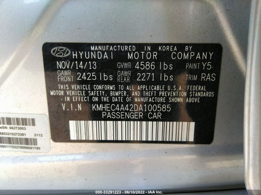 2013 HYUNDAI SONATA HYBRID LIMITED KMHEC4A42DA100585