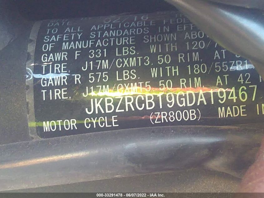 2016 KAWASAKI ZR800 B JKBZRCB19GDA19467