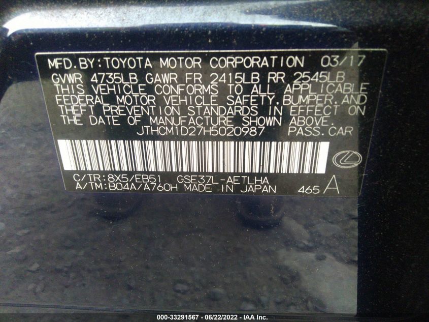 2017 LEXUS IS IS 300 JTHCM1D27H5020987
