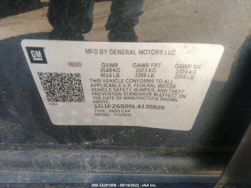 2020 CHEVROLET BOLT EV PREMIER 1G1FZ6S05L4135920