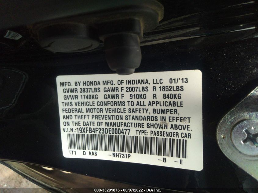 2013 HONDA CIVIC HYBRID 19XFB4F23DE000477