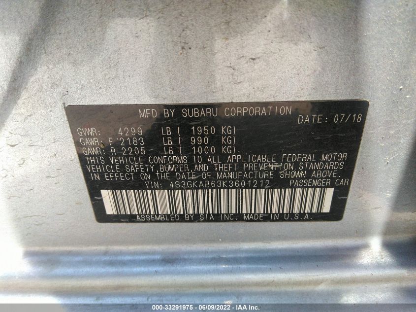 2019 SUBARU IMPREZA 4S3GKAB63K3601212