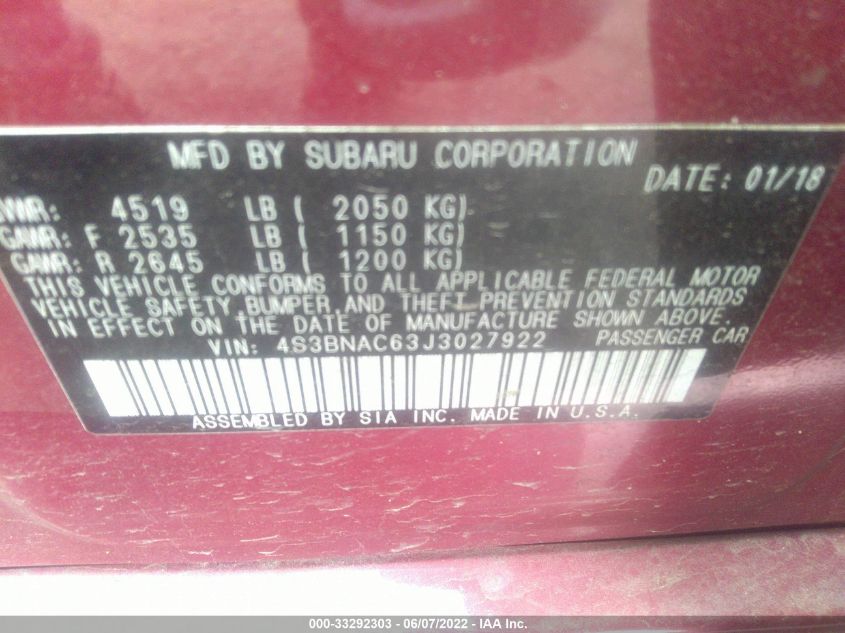 2018 SUBARU LEGACY PREMIUM 4S3BNAC63J3027922