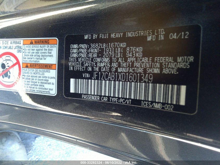 2013 SUBARU BRZ PREMIUM JF1ZCAB1XD1601349