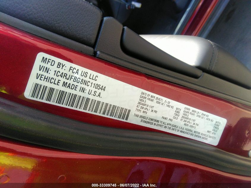 2022 JEEP GRAND CHEROKEE WK LIMITED 1C4RJFBG8NC110544