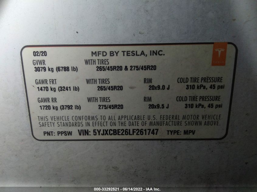 2020 TESLA MODEL X LONG RANGE 5YJXCBE26LF261747