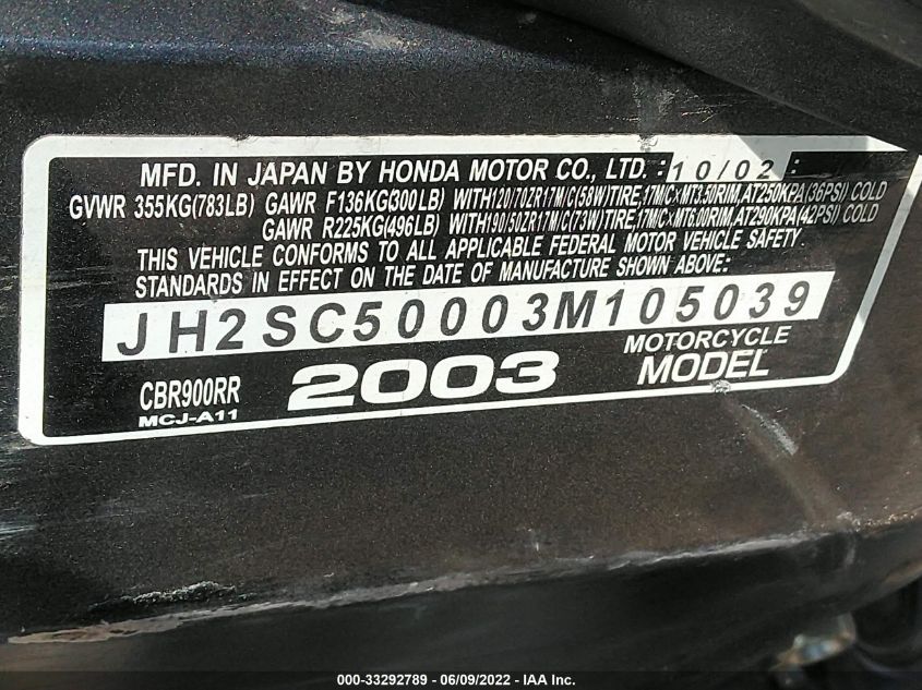 2003 HONDA CBR900 RR JH2SC50003M105039