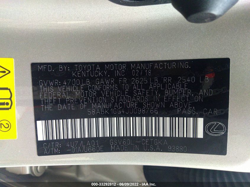 2018 LEXUS ES ES 350 58ABK1GG4JU098766