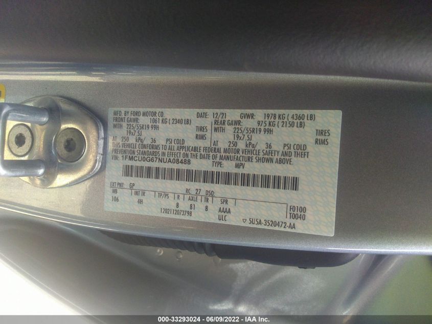 2022 FORD ESCAPE SE 1FMCU0G67NUA08488