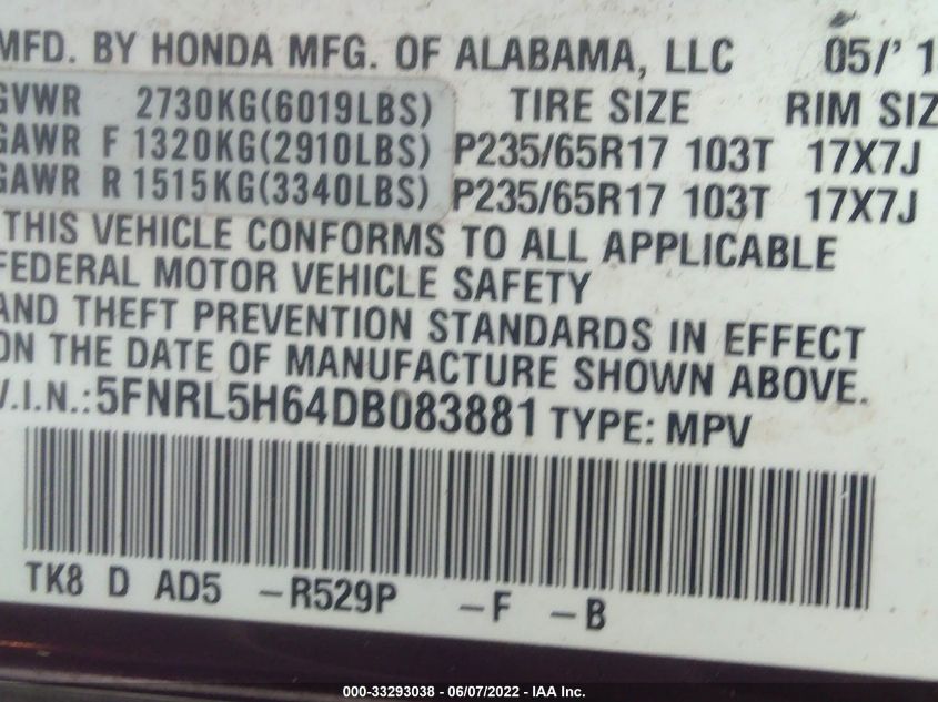 2013 HONDA ODYSSEY EX-L 5FNRL5H64DB083881