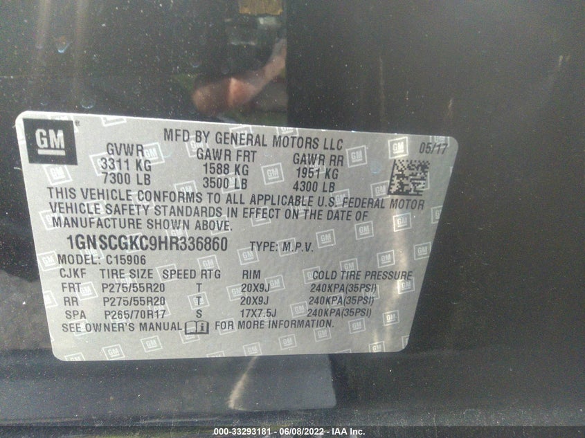 2017 CHEVROLET SUBURBAN VIN: 1GNSCGKC9HR336860