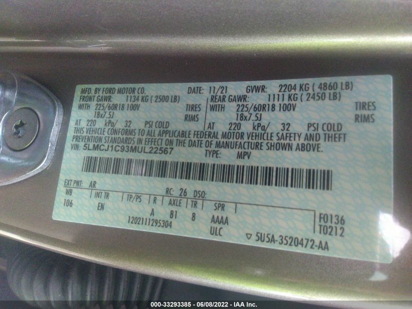 2021 LINCOLN CORSAIR STANDARD 5LMCJ1C93MUL22567