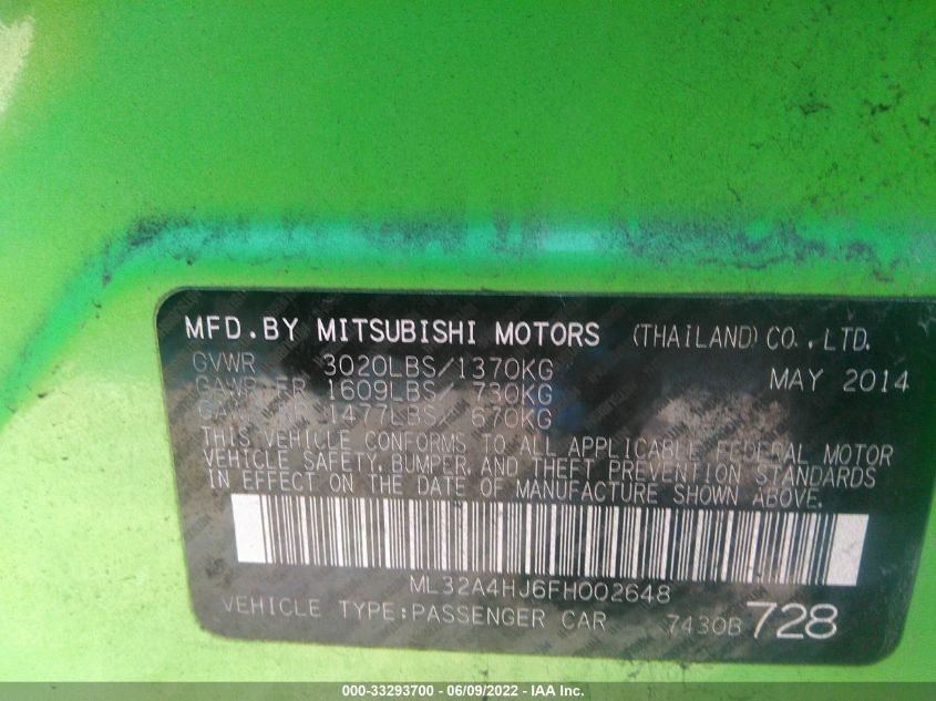 2015 MITSUBISHI MIRAGE ES/RF ML32A4HJ6FH002648