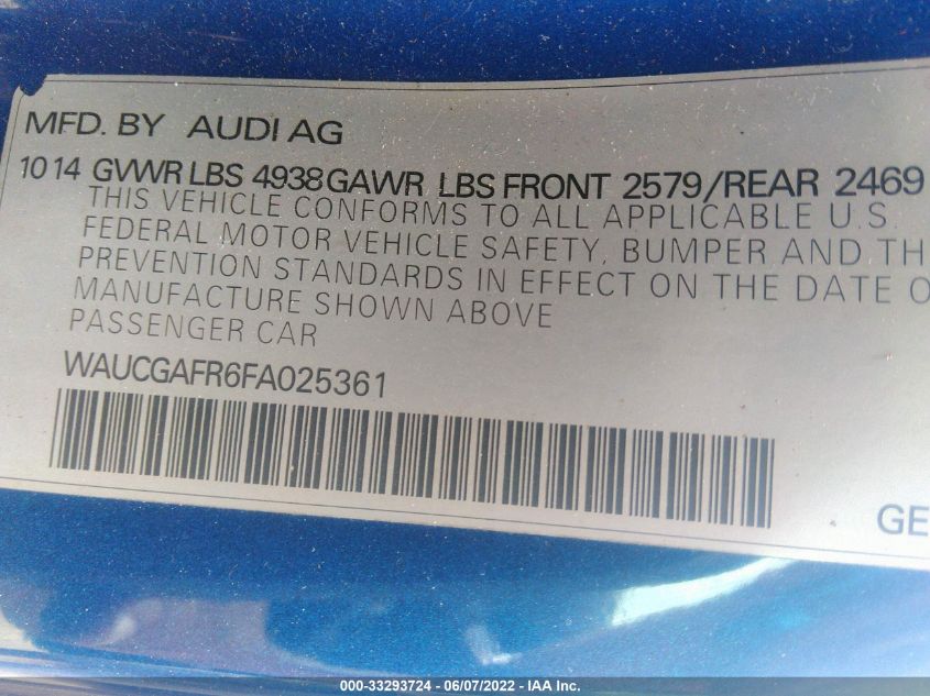 2015 AUDI S5 PREMIUM PLUS WAUCGAFR6FA025361