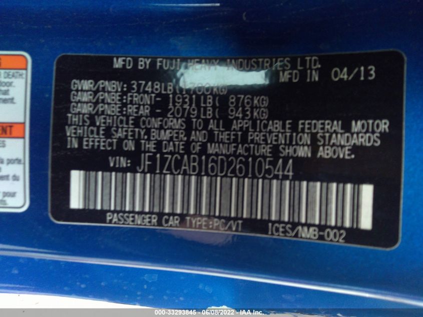 2013 SUBARU BRZ PREMIUM JF1ZCAB16D2610544