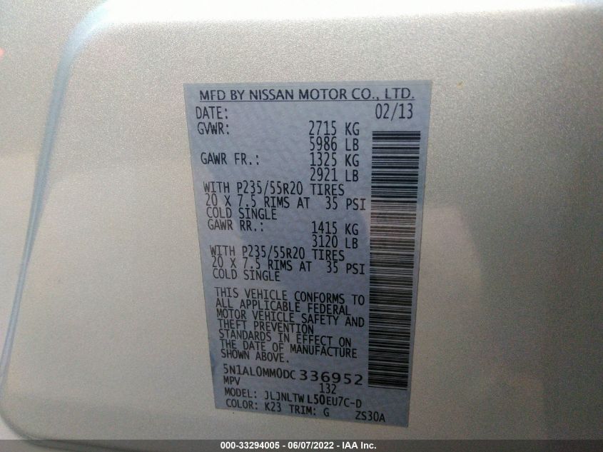 2013 INFINITI JX 5N1AL0MM0DC336952