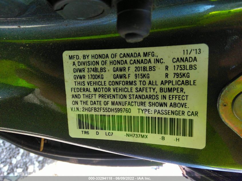 2013 HONDA CIVIC SDN LX 2HGFB2F55DH599760