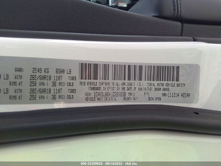 2020 DODGE DURANGO SXT PLUS 1C4RDJAG4LC220659