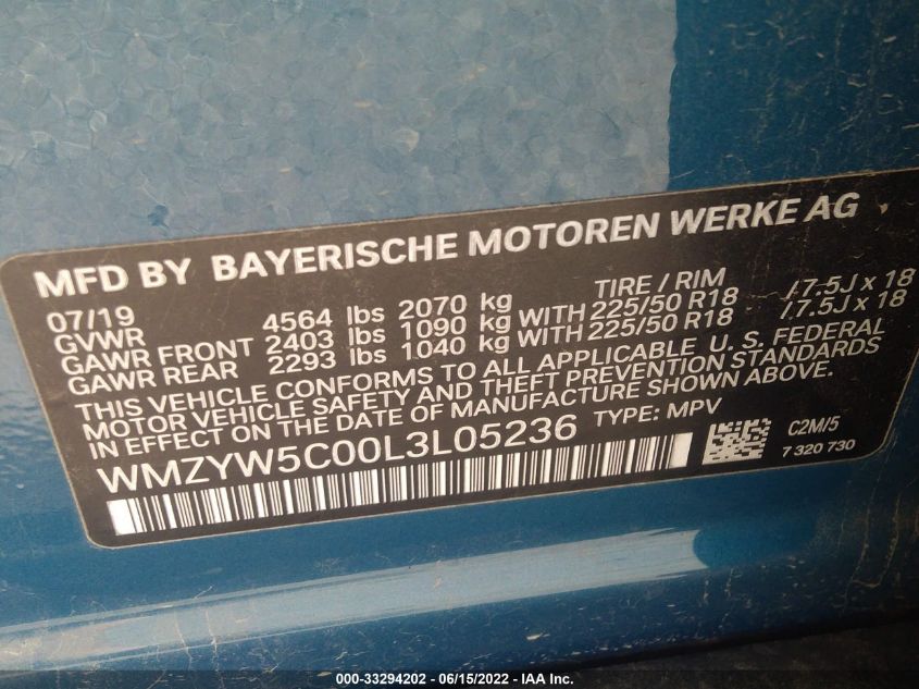 2020 MINI COUNTRYMAN COOPER WMZYW5C00L3L05236