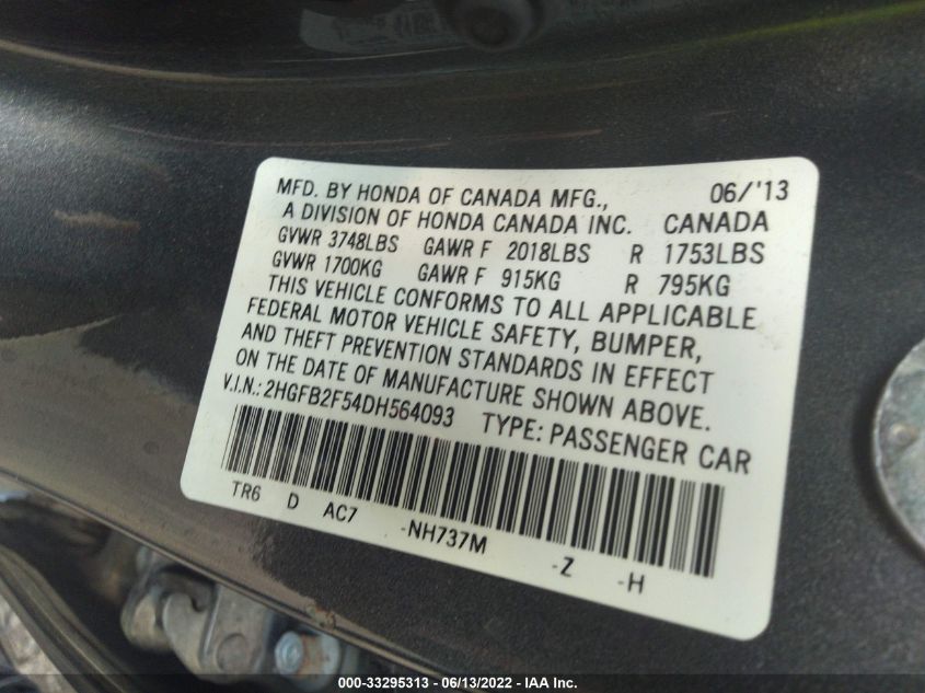 2013 HONDA CIVIC SDN LX 2HGFB2F54DH564093