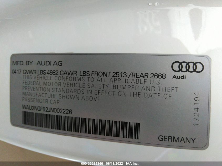 2018 AUDI A5 CABRIOLET PRESTIGE WAU2NGF52JN002226